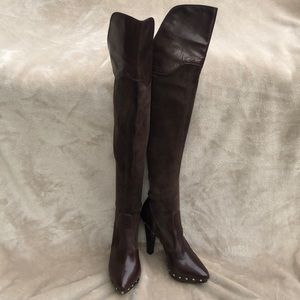 SERGIO ROSSI Chocolate Brown Suede/Leather Over the Knee Boot with Gold Studs